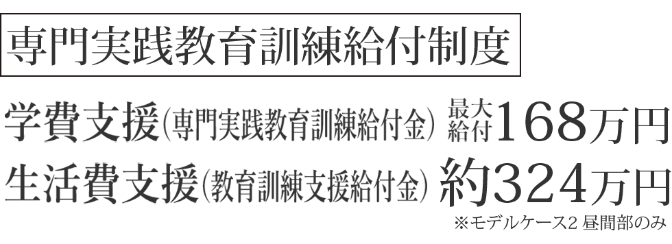 専門実践教育訓練給付制度　学費支援（専門実践教育訓練給付金）最大給付168万円　生活費支援（教育訓練支援給付金）約324万円　※モデルケース2 昼間部のみ